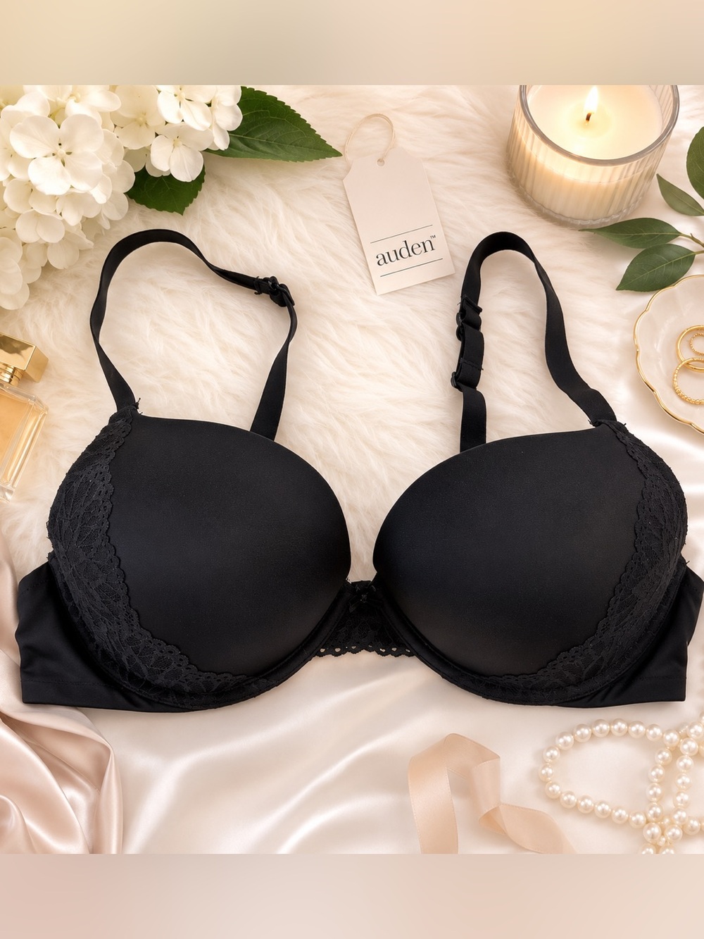 Auden Black Lace Trim T-Shirt Bra Size 38C Contoured Underwire Support